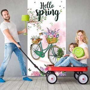 Hello Winter Welcome Porch Sign Door Cover Banner Winter Party Decoration Backdrop Floral Bike Banner Large Seasonal Door Banner Background Door Cover, 70.8 x 35 Inch (Spring Style)