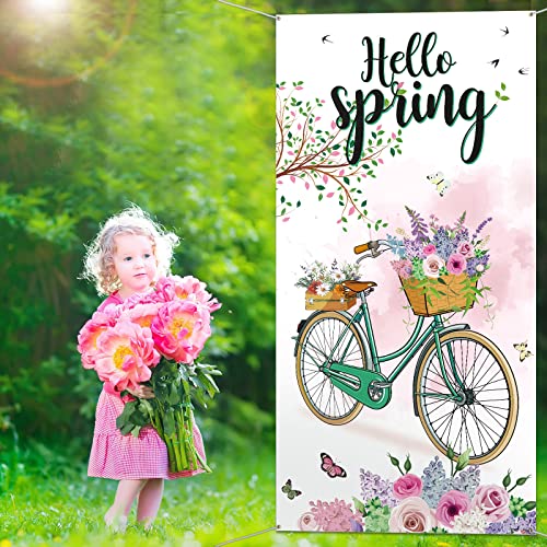 Hello Winter Welcome Porch Sign Door Cover Banner Winter Party Decoration Backdrop Floral Bike Banner Large Seasonal Door Banner Background Door Cover, 70.8 x 35 Inch (Spring Style)