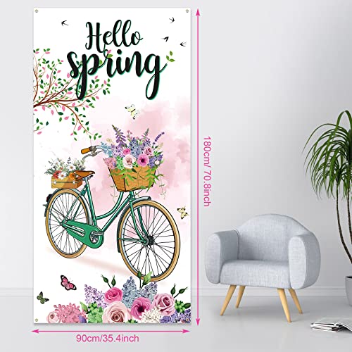 Hello Winter Welcome Porch Sign Door Cover Banner Winter Party Decoration Backdrop Floral Bike Banner Large Seasonal Door Banner Background Door Cover, 70.8 x 35 Inch (Spring Style)