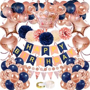 navy blue and rose gold birthday party decorations for women girls,happy birthday banner,rose gold party decorations for women with tissue paper pom,hanging swirls,circle dots garland for women girls birthday decorations