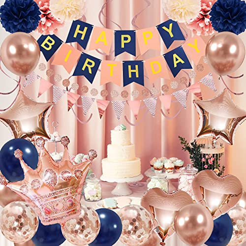 Navy Blue and Rose Gold Birthday Party Decorations for Women Girls,Happy Birthday Banner,Rose Gold Party Decorations for Women with Tissue Paper Pom,Hanging Swirls,Circle Dots Garland for Women Girls Birthday Decorations