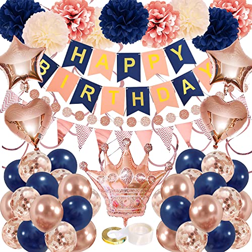 Navy Blue and Rose Gold Birthday Party Decorations for Women Girls,Happy Birthday Banner,Rose Gold Party Decorations for Women with Tissue Paper Pom,Hanging Swirls,Circle Dots Garland for Women Girls Birthday Decorations