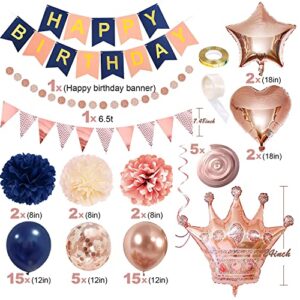 Navy Blue and Rose Gold Birthday Party Decorations for Women Girls,Happy Birthday Banner,Rose Gold Party Decorations for Women with Tissue Paper Pom,Hanging Swirls,Circle Dots Garland for Women Girls Birthday Decorations