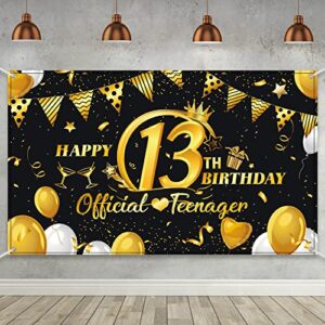 13th birthday black gold party decoration, extra large fabric sign poster happy 13th birthday party supplies, official teenager 13th anniversary backdrop banner photo booth background
