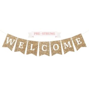 pre-strung welcome banner – no diy – gold glitter welcome banner – pre-strung on 6 ft strand – classroom, office, front door, baby & bridal showers party decorations & decor. did we mention no diy?