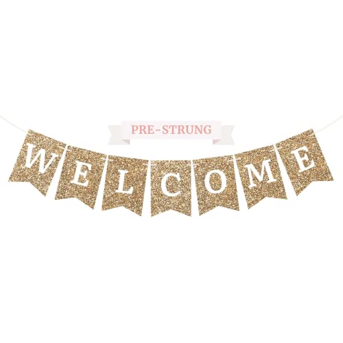 Pre-Strung Welcome Banner - NO DIY - Gold Glitter Welcome Banner - Pre-Strung on 6 ft Strand - Classroom, Office, Front Door, Baby & Bridal Showers Party Decorations & Decor. Did we mention no DIY?