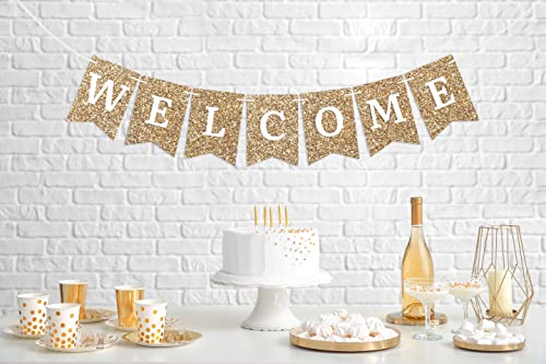 Pre-Strung Welcome Banner - NO DIY - Gold Glitter Welcome Banner - Pre-Strung on 6 ft Strand - Classroom, Office, Front Door, Baby & Bridal Showers Party Decorations & Decor. Did we mention no DIY?