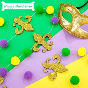 3 Pieces Mardi Gras Garland Wool Felt Ball Pom Pom Garland Ornaments Gold Purple Green Felt Ball Banner Hanging Decorations for Mardi Gras, Wedding, Party Supplies, Home Decor