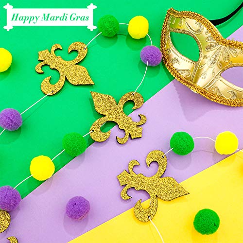 3 Pieces Mardi Gras Garland Wool Felt Ball Pom Pom Garland Ornaments Gold Purple Green Felt Ball Banner Hanging Decorations for Mardi Gras, Wedding, Party Supplies, Home Decor