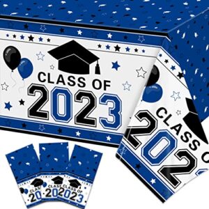 ssailue decor 2023 graduation decorations, 3 pieces blue class of 2023 tablecloth plastic disposable graduation table cover for congrats grad party supplies, 43x 70 inch