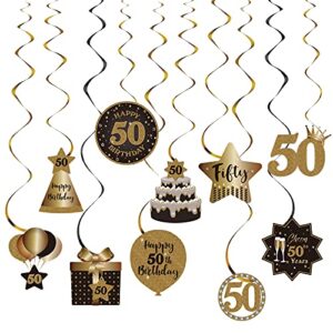 happy 50th birthday party hanging swirls streams ceiling decorations, celebration 50 foil hanging swirls with cutouts for 50 years old black and gold birthday party decorations supplies
