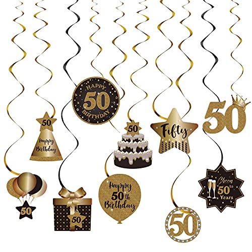 Happy 50th Birthday Party Hanging Swirls Streams Ceiling Decorations, Celebration 50 Foil Hanging Swirls with Cutouts for 50 Years Old Black and Gold Birthday Party Decorations Supplies