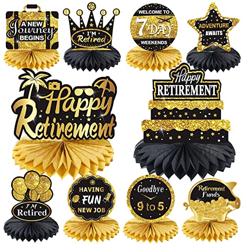 10Pcs Happy Retirement Decorations Table Honeycomb Centerpieces Party Supplies, Black Gold Retirement Adventure Awaits Sign for Women Men, Retired Decor Goodbye Retirement Signs