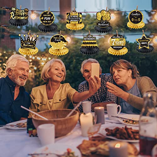 10Pcs Happy Retirement Decorations Table Honeycomb Centerpieces Party Supplies, Black Gold Retirement Adventure Awaits Sign for Women Men, Retired Decor Goodbye Retirement Signs