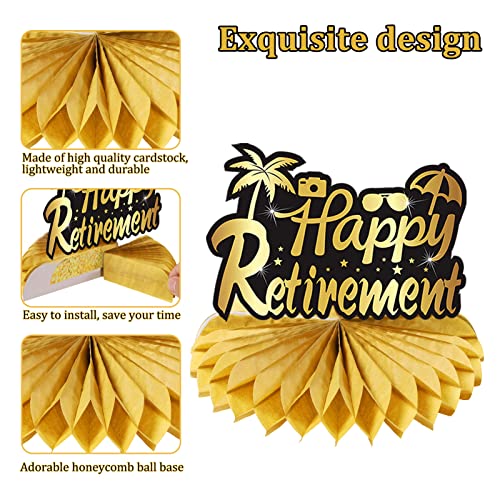 10Pcs Happy Retirement Decorations Table Honeycomb Centerpieces Party Supplies, Black Gold Retirement Adventure Awaits Sign for Women Men, Retired Decor Goodbye Retirement Signs