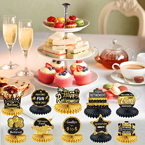 10Pcs Happy Retirement Decorations Table Honeycomb Centerpieces Party Supplies, Black Gold Retirement Adventure Awaits Sign for Women Men, Retired Decor Goodbye Retirement Signs