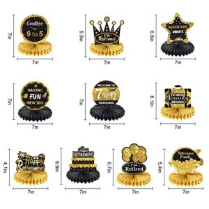 10Pcs Happy Retirement Decorations Table Honeycomb Centerpieces Party Supplies, Black Gold Retirement Adventure Awaits Sign for Women Men, Retired Decor Goodbye Retirement Signs