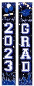 graduation party decorations blue and white class of 2023 graduation hanging porch sign congrats banner for high school and college graduation party decorations (blue)