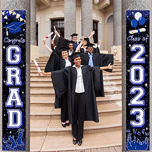 Graduation Party Decorations Blue and White Class of 2023 Graduation Hanging Porch Sign Congrats Banner for High School and College Graduation Party Decorations (Blue)