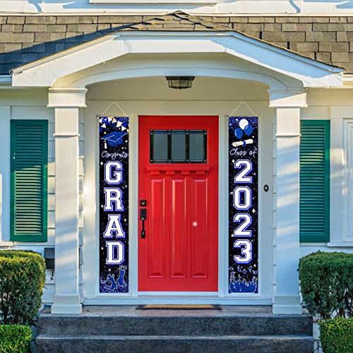 Graduation Party Decorations Blue and White Class of 2023 Graduation Hanging Porch Sign Congrats Banner for High School and College Graduation Party Decorations (Blue)