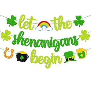 st patrick day banner let the shenanigans begin banner irish day party decoration glitter green three leaf clover shamrock garland for st patrick decor lucky themed birthday engagement baby shower bachelorette party anniversary celebration supplies