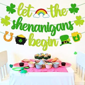 St Patrick Day Banner Let the Shenanigans Begin Banner Irish Day Party Decoration Glitter Green Three Leaf Clover Shamrock Garland for St Patrick Decor Lucky Themed Birthday Engagement Baby Shower Bachelorette Party Anniversary Celebration Supplies