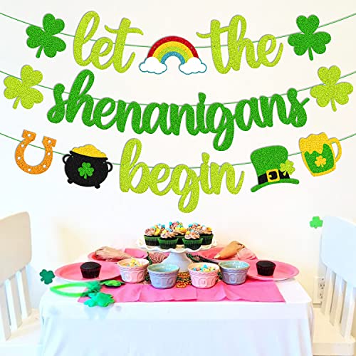 St Patrick Day Banner Let the Shenanigans Begin Banner Irish Day Party Decoration Glitter Green Three Leaf Clover Shamrock Garland for St Patrick Decor Lucky Themed Birthday Engagement Baby Shower Bachelorette Party Anniversary Celebration Supplies