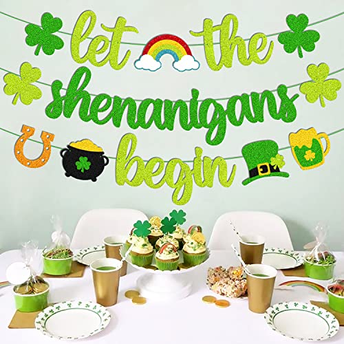 St Patrick Day Banner Let the Shenanigans Begin Banner Irish Day Party Decoration Glitter Green Three Leaf Clover Shamrock Garland for St Patrick Decor Lucky Themed Birthday Engagement Baby Shower Bachelorette Party Anniversary Celebration Supplies