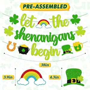 St Patrick Day Banner Let the Shenanigans Begin Banner Irish Day Party Decoration Glitter Green Three Leaf Clover Shamrock Garland for St Patrick Decor Lucky Themed Birthday Engagement Baby Shower Bachelorette Party Anniversary Celebration Supplies