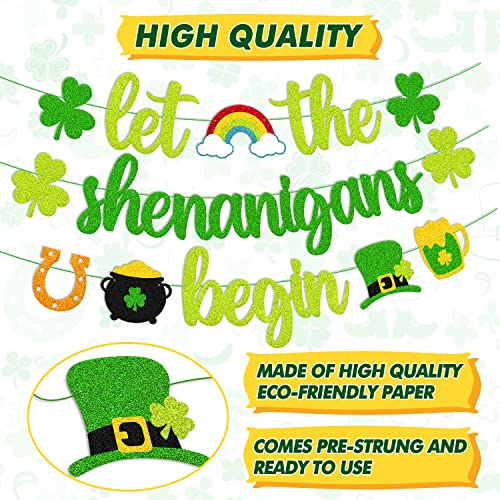 St Patrick Day Banner Let the Shenanigans Begin Banner Irish Day Party Decoration Glitter Green Three Leaf Clover Shamrock Garland for St Patrick Decor Lucky Themed Birthday Engagement Baby Shower Bachelorette Party Anniversary Celebration Supplies