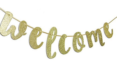 Welcome Gold Glitter Hanging Sign Banner- First Day of School, Classroom, Wedding, House, Home Decor (Gold)