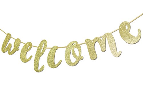 Welcome Gold Glitter Hanging Sign Banner- First Day of School, Classroom, Wedding, House, Home Decor (Gold)