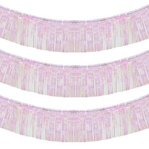 Blukey 10 Feet by 15 Inch Iridescent White Foil Fringe Garland - Pack of 3 | Metallic Tinsel Banner | Ideal for Parade Floats, Bridal Shower, Wedding, Birthday, Christmas | Wall Hanging Drapes