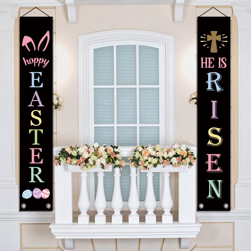 GAGEC Happy Easter Banner He is Risen Religious Cross Christian Bunny Egg 2 Pieces Door Banner Decoration Home Outdoor Indoor Porch Sign Holiday Decor 71 x 12 Inch