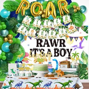 dinosaur baby shower decorations for boy, party inspo balloons garland arch, table decorations, theme shower, backdrop, it’s a boy banner, hatching soon cake toppers, green