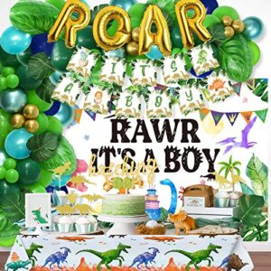 Dinosaur Baby Shower Decorations for Boy, Party Inspo Balloons Garland Arch, Table Decorations, Theme Shower, Backdrop, IT’S A BOY Banner, Hatching Soon Cake Toppers, Green