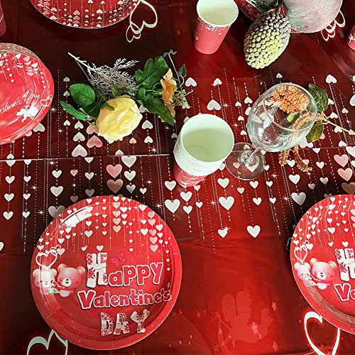 Valentines Day Tablecloth Party Decorations, Red Love Rectangle Table Covers, Premium Plastic Disposable Heart Tablecovers, Happy Valentine's Day Table Decorations 71X54 inches