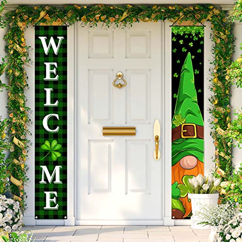 FARMNALL St Patricks Day Porch Banner Green Buffalo Plaid Gnome Front Door Sign Shamrock Four Leaf Lucky Clover Wall Hanging Decorations and Supplies for Home Office Farmhouse Holiday Decor