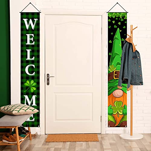 FARMNALL St Patricks Day Porch Banner Green Buffalo Plaid Gnome Front Door Sign Shamrock Four Leaf Lucky Clover Wall Hanging Decorations and Supplies for Home Office Farmhouse Holiday Decor