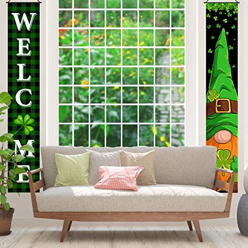 FARMNALL St Patricks Day Porch Banner Green Buffalo Plaid Gnome Front Door Sign Shamrock Four Leaf Lucky Clover Wall Hanging Decorations and Supplies for Home Office Farmhouse Holiday Decor