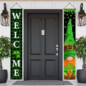 FARMNALL St Patricks Day Porch Banner Green Buffalo Plaid Gnome Front Door Sign Shamrock Four Leaf Lucky Clover Wall Hanging Decorations and Supplies for Home Office Farmhouse Holiday Decor