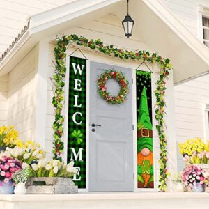 FARMNALL St Patricks Day Porch Banner Green Buffalo Plaid Gnome Front Door Sign Shamrock Four Leaf Lucky Clover Wall Hanging Decorations and Supplies for Home Office Farmhouse Holiday Decor