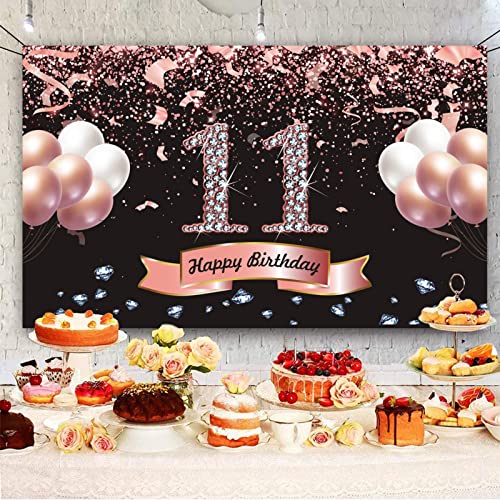 Trgowaul 11th Birthday Decorations for Girls - Rose Gold 11th Birthday Backdrop 5.9 X 3.6 Fts 11th Birthday Party Suppiles Photography Supplies Background Happy 11th Birthday Banner