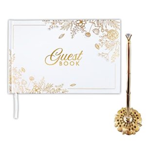 b&f guest book for wedding, guest book wedding reception with gold diamond crystal pen with holder, 9″ x 6″ white polaroid guest book with 60 sheets (120 pages)