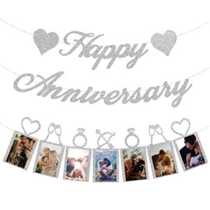 happy anniversary party decorations – silver happy anniversary banner and photo banner for wedding anniversary party decor (silver)