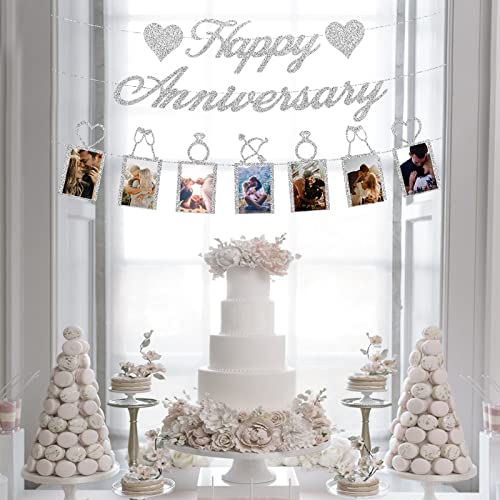 Happy Anniversary Party Decorations - Silver Happy Anniversary Banner and Photo Banner for Wedding Anniversary Party decor (Silver)