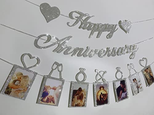 Happy Anniversary Party Decorations - Silver Happy Anniversary Banner and Photo Banner for Wedding Anniversary Party decor (Silver)