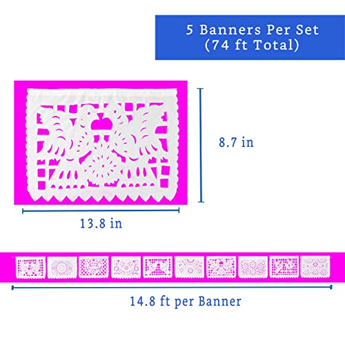 White Papel Picado Banner (5 Pack - 10 TISSUE PAPER Flag Designs per Banner / Not Plastic) - White Mexican Banners for Parties and Weddings - Mexican Themed Party Decorations - Papel Picado Mexicano para Decoraciones Mexicanas (Paper)