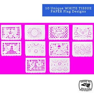 White Papel Picado Banner (5 Pack - 10 TISSUE PAPER Flag Designs per Banner / Not Plastic) - White Mexican Banners for Parties and Weddings - Mexican Themed Party Decorations - Papel Picado Mexicano para Decoraciones Mexicanas (Paper)