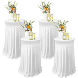 tegeme 4 packs round spandex cocktail tablecloths with skirt table cover stretch square tablecloth for fitted high top bar wedding party banquet (white, 32 x 43 inch)